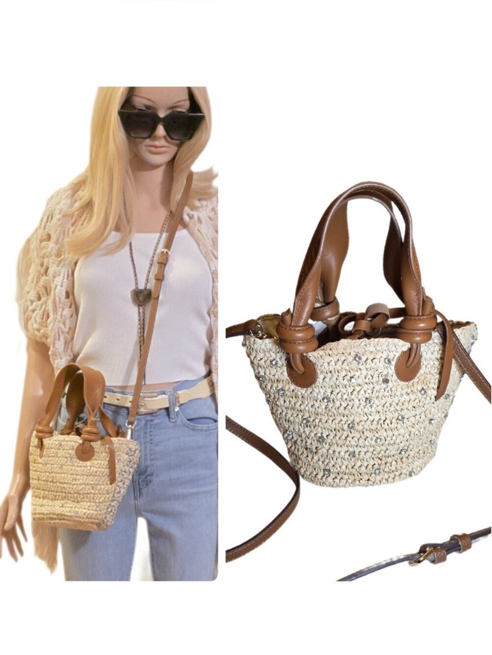 Anthropologie Maeve Rhinestone Raffia Mini Tote Bag Day to Night Straw Mini Bag